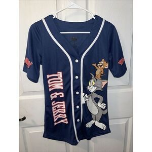 Tom and Jerry Women's Blue Baseball Style Jersey Button Front Size‎ Small